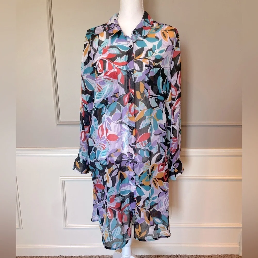 Jessica London 22W sheer button down dress colorful casual contemporary floral